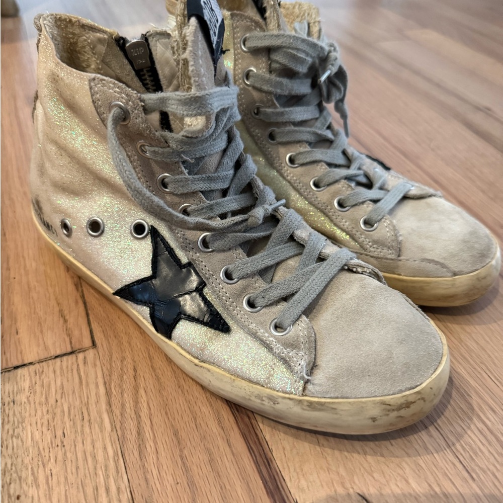 Golden Goose Beige and Black Star Sneakers